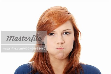 Young woman holding breath, isolated on white