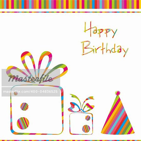illustration of birthday card with gift balloons and cake on abstract background