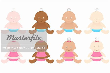 illustration of baby boy nad baby girl from different races on isolated background