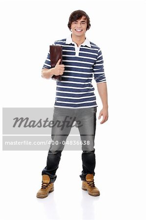 Young happy handsome student man with notebook,isolated on a white background