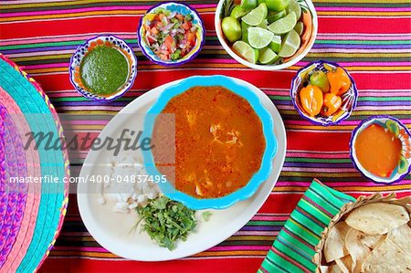 Pancita mondongo mexican soup varied chili sauces Mexico food