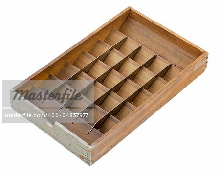 vintage letterpress matrix sort box, wood with metal dividers and bins, isolated on white - sorting or classifying concept