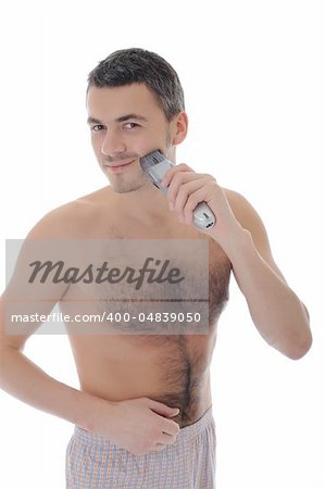 Young handsome male shaving face beard . isolated on white background