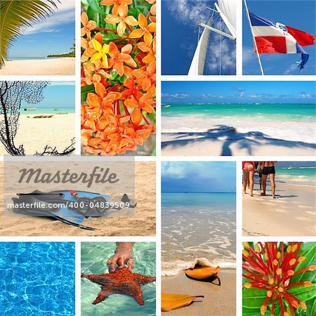 Tropical collage. Exotic travel. Caribbean sea Dominican Republic Island Saona