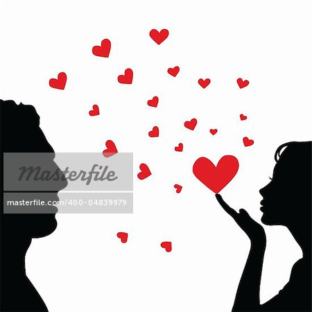 Man and woman face silhouette with heart. Vector illustration.