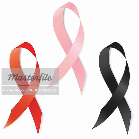 Set of aids and breast cancer ribbon, different sign or symbol, emblem. Vector illustration.