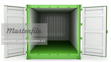 Opened green freight container isolated on white background, front view