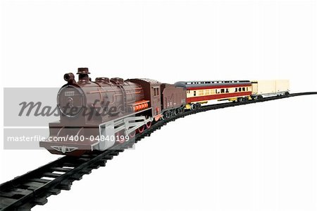 a child's toy train on its tracks isolated on white