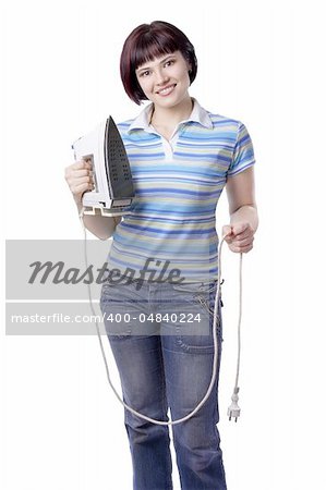 Woman with electric iron.  Beutiful housewife ironing clothes. Housekeeper concept..