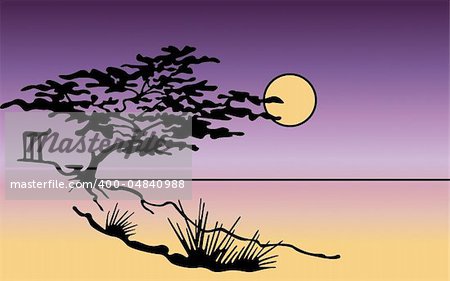 Illustration with tree silhouette. Vector japanese background