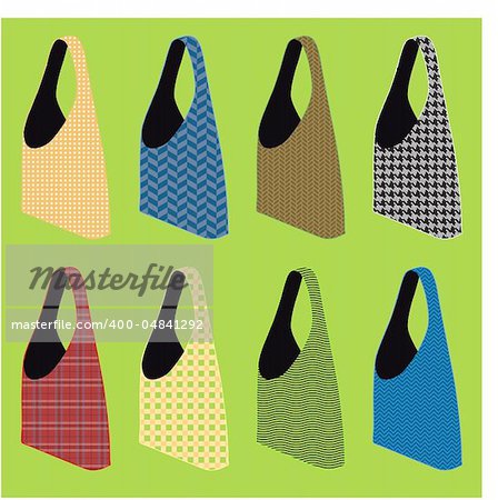 vector set of three reusable shopping bags with various patterns