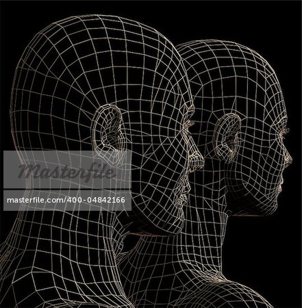 Futuristic couple wire frame silhouette. 3d illustration on black background.