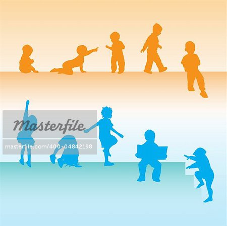 Silhouettes of Young Children. Also Available as a Vector Image (Adobe Illustrator (AI)). A variety of ages. Please view my other silhouette images for more ranges in ages and activities.