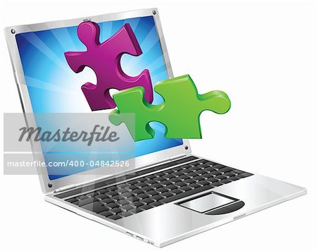 Jigsaw puzzle pieces flying out of a stylish laptop computer. Computer application concept.