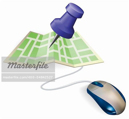 Concept. A mouse connected to a paper map.