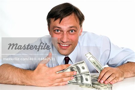 young man and money on white background