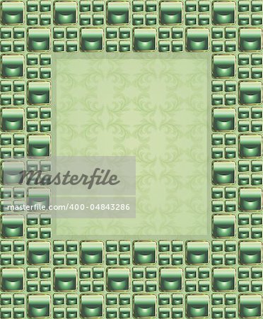 decorative frame with green stones and floral elements