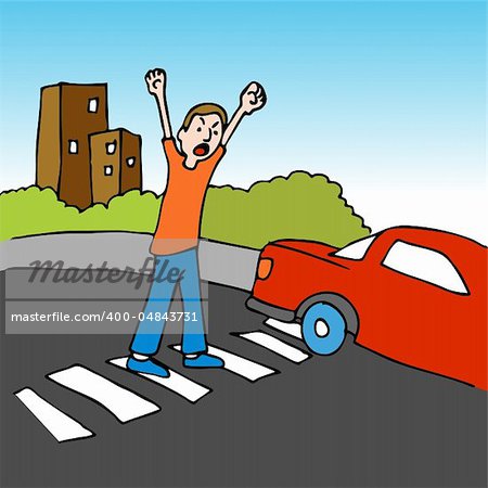 An image of a man shouting at a driver while crossing the street.