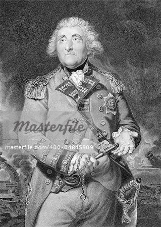 George Augustus Eliott, 1st Baron Heathfield, KB (1717-1790) on engraving from 1820. British Army officer who served in three major wars. Engraved by J.Cochran after a painting by J.Reynolds.