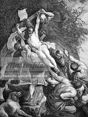 The Crucifixion of Jesus on engraving from 1840. Drawn by F.Felsing after a painting by Rubens and engraved by J.Klaus.