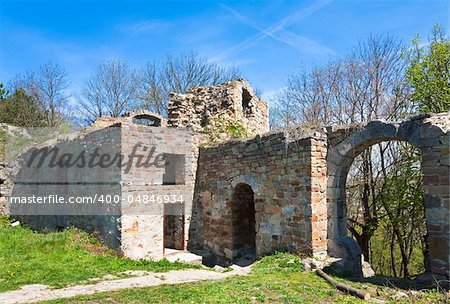 Spring view of Terebovlia castle  ruins (Ternopil Oblast, Ukraine). Built in 1366.