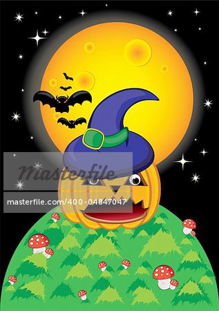 Pumpkin Halloween Card with bat, and moon.