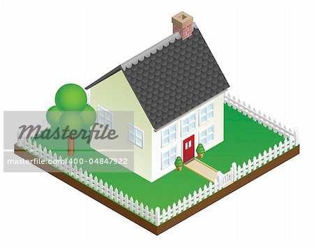 A quaint house with picket fence in isometric view