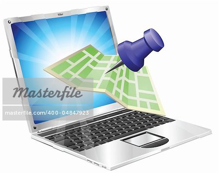 A road or city map flying out of a laptop computer. Concept or icon for map app or internet website with maps or other GPS related.