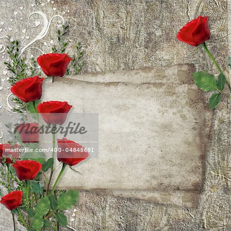 Card for congratulation or invitation with  hearts and red roses