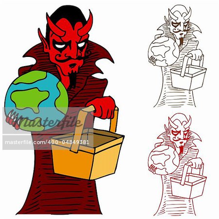 An image of the devil holding the earth and a basket.