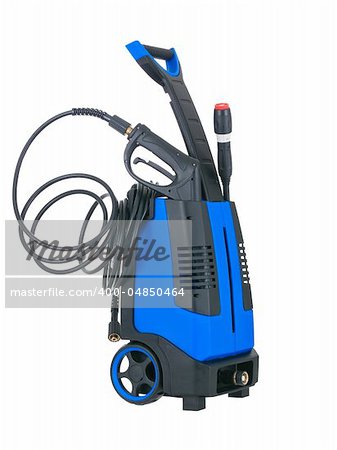 Blue pressure portable washer with inserted gun on pure white background