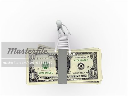 man reaching the top of a dollar stack