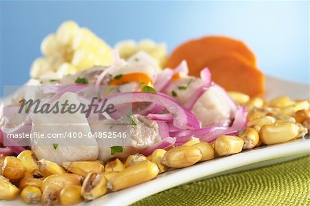 Peruvian-style ceviche made out of raw mahi-mahi fish (Spanish: perico), red onions and aji (Peruvian hot pepper) and served with roasted corn (cancha) and cooked corn cob as well as cooked sweet potato (Selective Focus, Focus on the fish on the left)