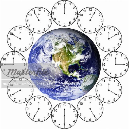 Earth with clocks around it depicting one hour around the Planet