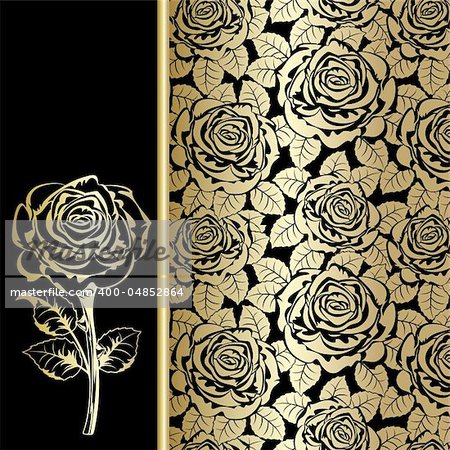 Black background with gold roses.