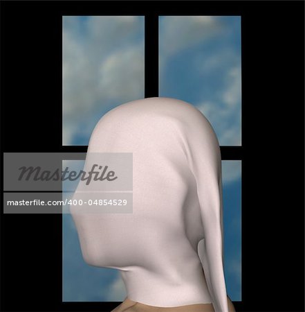 Female figure draped with white cloth and blue sky window frame. 3d illustration.