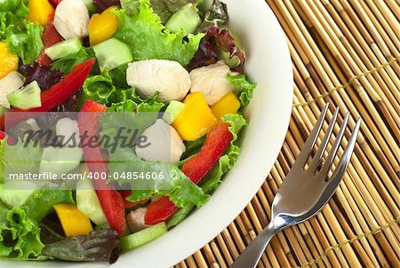 Fresh chicken salad with lettuce, mango, red bell pepper and cucumber (Selective Focus, Focus on the salad on the right)