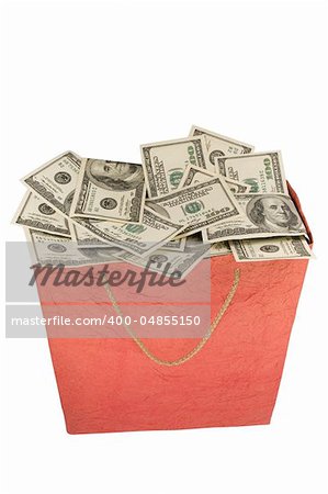 Dollars in  red Shopping Bag. Isolated on white background.