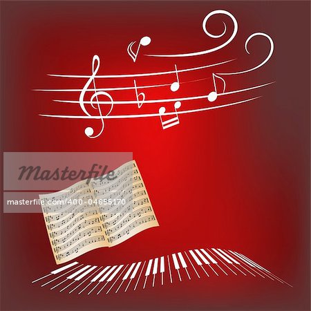 Piano keys, sheet music and music notes