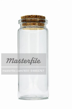Close up view of tall glass empty container on white background