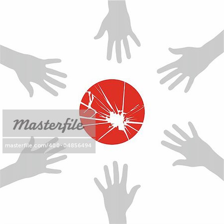 Group hands in a circle around the flag of japan. Vector available