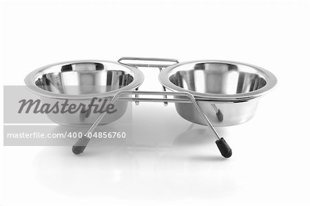 Two bowls with dog food and water, isolated on  white background.