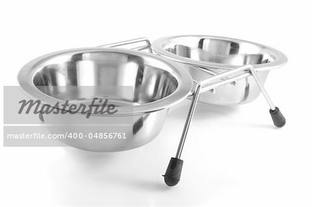 Two bowls with dog food and water, isolated on  white background.