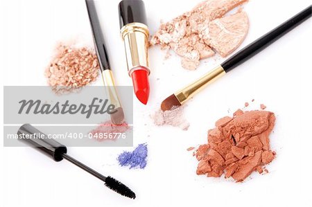 Make-up brush, lipstick and different powder isolated on white background