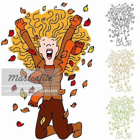 An image of a girl excited about fall season with leaves falling around her.