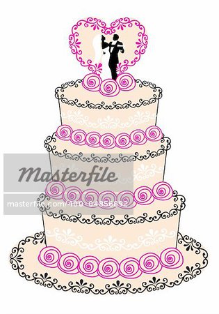 wedding cake with couple, heart and roses, vector illustration