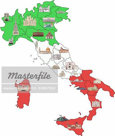 Map of Italy divided by regions with most famous sights in each. Sights drawn in watercolor style. Vector illustration.