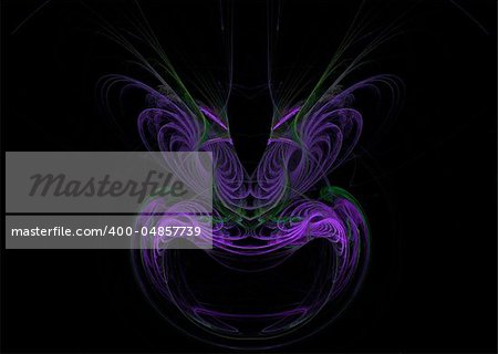 A purple mask or face shaped fractal on a black background with feathered eyebrows.