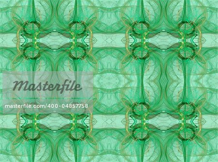 Seamless abstract fractal wallpaper, textile pattern or background, in green, mint green and gold or tan.