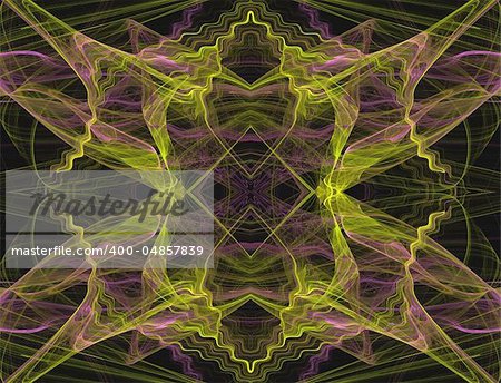 Continuous textile pattern or background in yellow and pink with a black background.